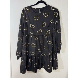 Black Gold Heart Print Long Sleeve A-Line Dress Layered Crew Neck